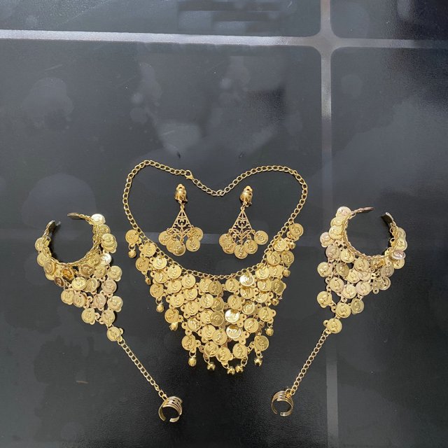 Traje de baile indio, accesorios que combinan con todo, danza del vientre, belleza dorada, collar, horquillas, pendientes, anillo, pulsera