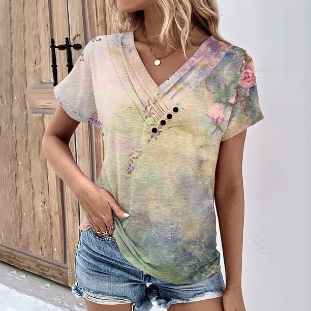 Fiudx Ofertas Relámpago Top Informal de Primavera y Verano de Manga Corta con Cuello En V para Mujer