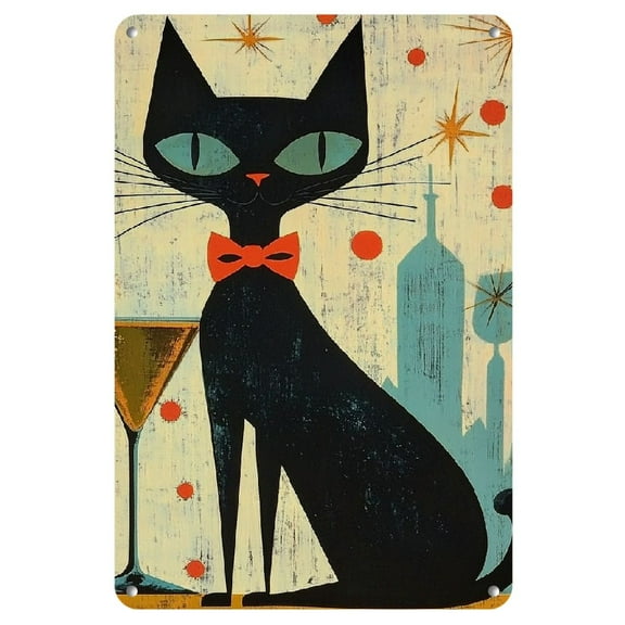 Room Decor 1pc Retro Black Cat with Martini Glass Metal Tin Sign, Vintage Atomic Age Wall Art, Rustic Iron Pub Decor, Mid-Century Home Bar Decoration