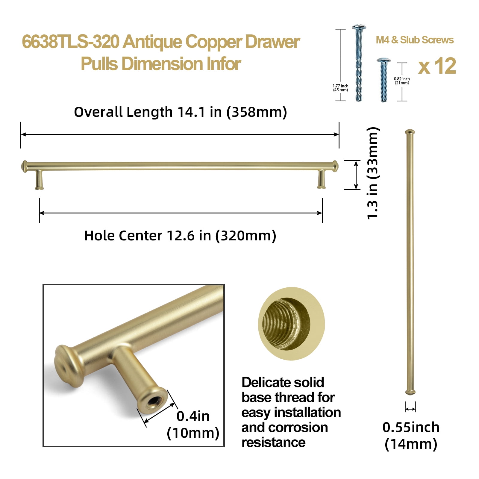 Goo-Ki 12 Pack Light Brushed Brass Cabinet Handles of 12.6''(320mm) Hole Center, Zinc Alloy Cabinet Pulls for Drawer,Dresser,Cupboard Wardrobe