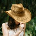 thumbnail image 2 of Hand‑Woven Paper Straw Cowboy Hat Hollow Knit Wide Brim Sun Hat Unisex Outdoor Beach Travel Sun‑Protection Fedora Hat for Men Adults, 2 of 7