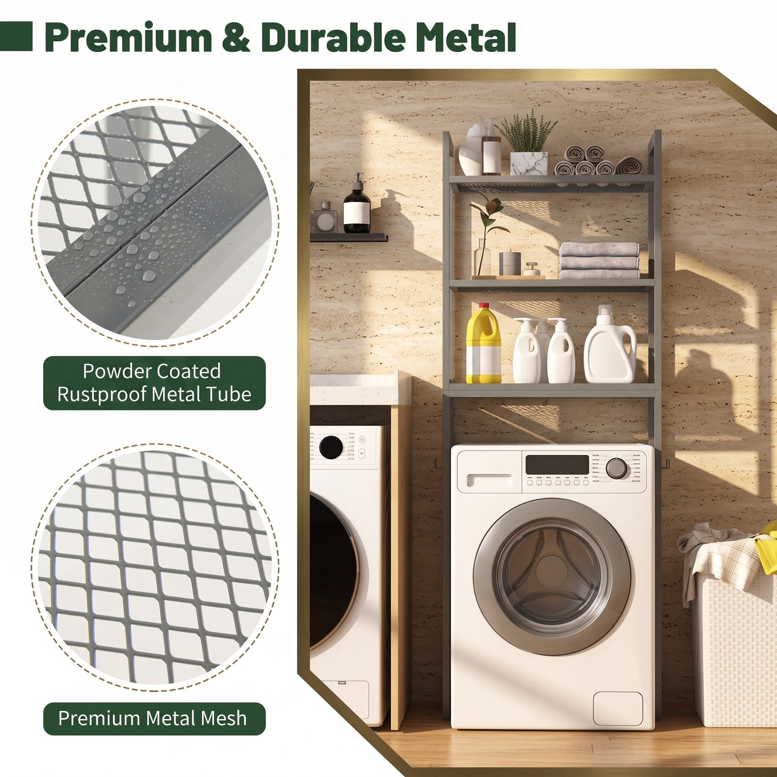 ALPULON Over-The-Toilet Storage Shelf, 3-Tier Space Saving Metal Bathroom Organizer Rack with 3 Hooks and Anti-Tipping Device, Freestanding Above Toilet Stand, Gray
