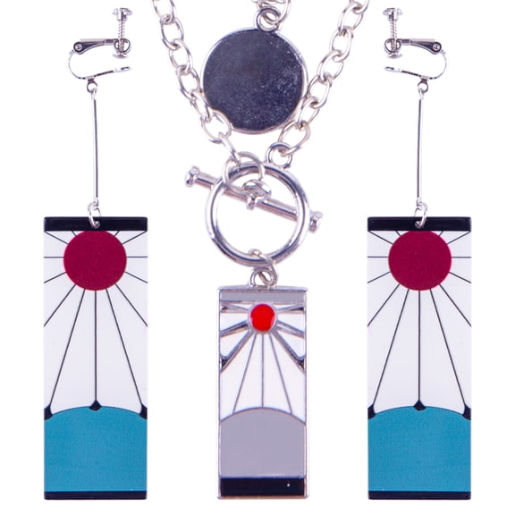 Demon Slayer Hinokami Kagura Silver Necklace & Clip-on Earrings Set, 9in Chain, Gift Ready Jewelry​​