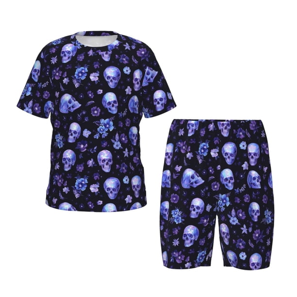 Balery Skull flower leaf purple Conjunto de Pijama Infantil de Manga Corta con Estampado – Ropa de Dormir de Algodón Suave-Medium
