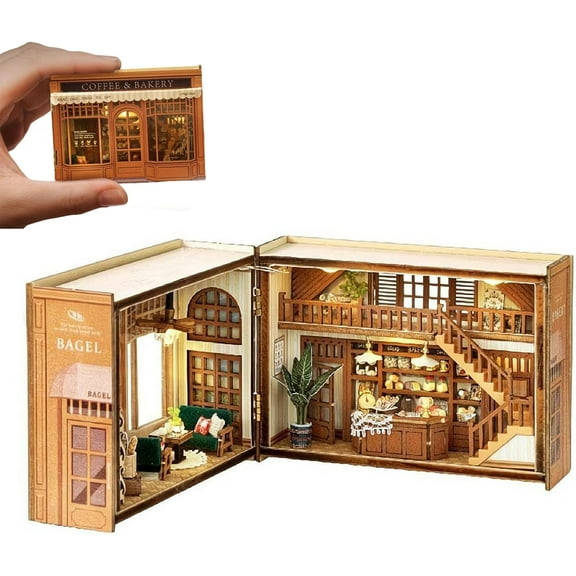 3D Wooden Cottage Puzzle, Flip-Up Miniature Tiny House Kit, Open-Sided Dollhouse Booknook for Shelf Decor