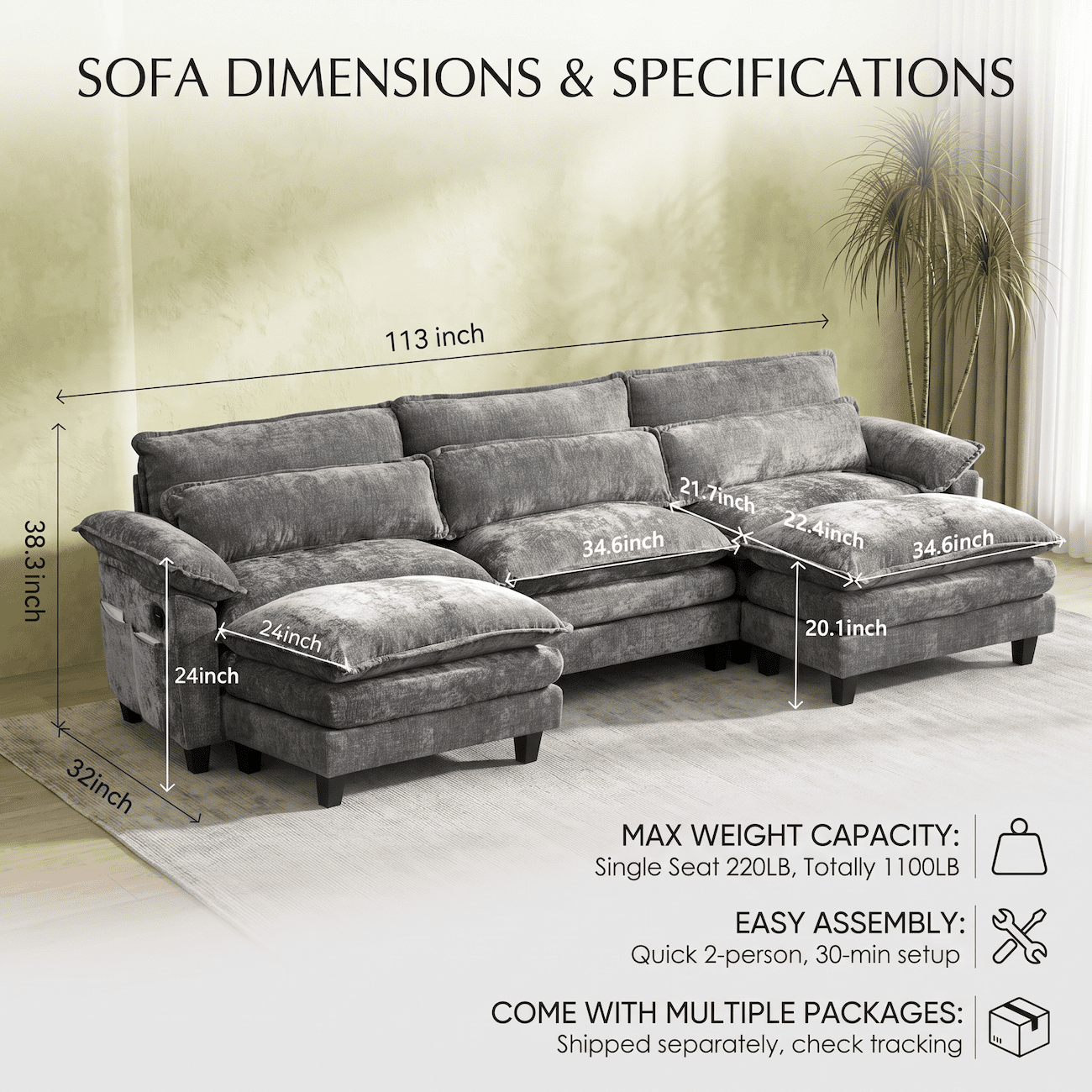 113" Cloud Sectional Modular Sofa, Modern Chenille L Shaped Couch with Reversible Chaise, Deep Seat 5 Seat Sectional Sofa with Pillows, Comfy Upholstered Couch for Living Room Apartment (Grey)