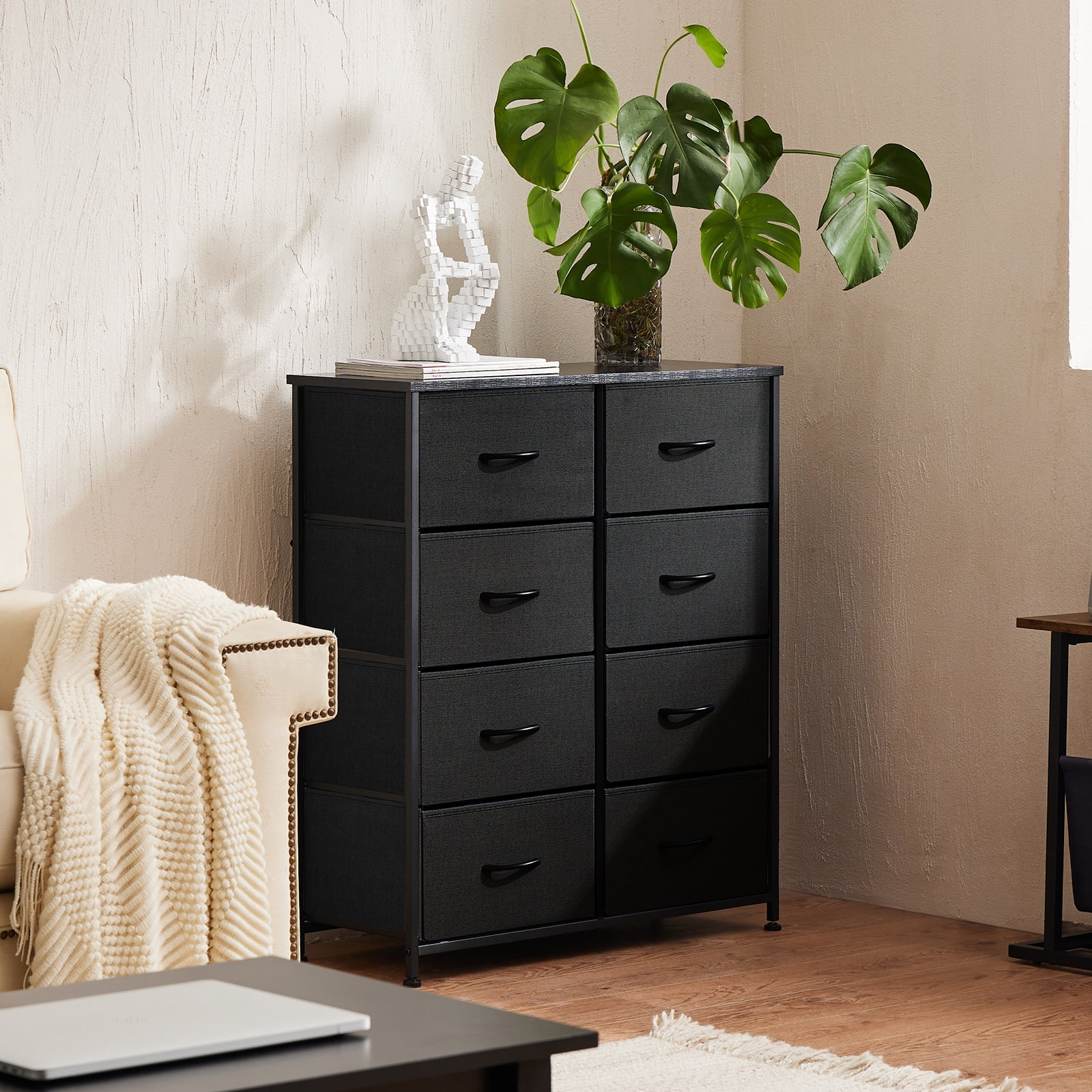 Aidoly Dresser for Bedroom, 8 Storage Drawers, Anti-Tip Fabric Closet Chests Organizer Tower Furniture with Wooden Top Metal Frame for Clothes, Living Room, Hallway, Entryway, Black