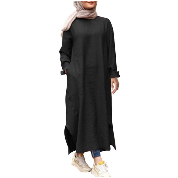 GDREDA Elegant Women's Long Sleeve Button Down Abaya Casual Dress Dubai Fashion Attire Black,S