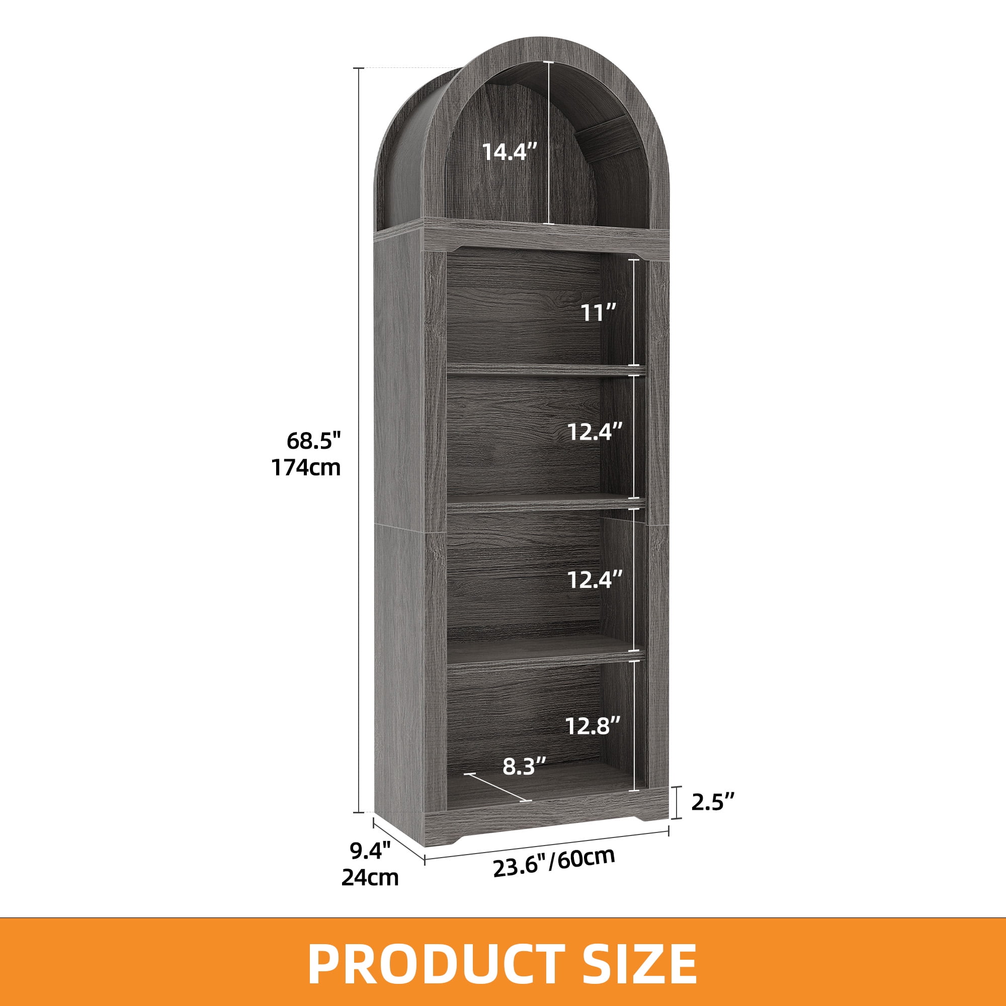 Craftian 5 Tiers Arched Bookshelf, 68.5" Tall Modern Bookcase Display Storage Rack Wooden Bookshelves, Gray
