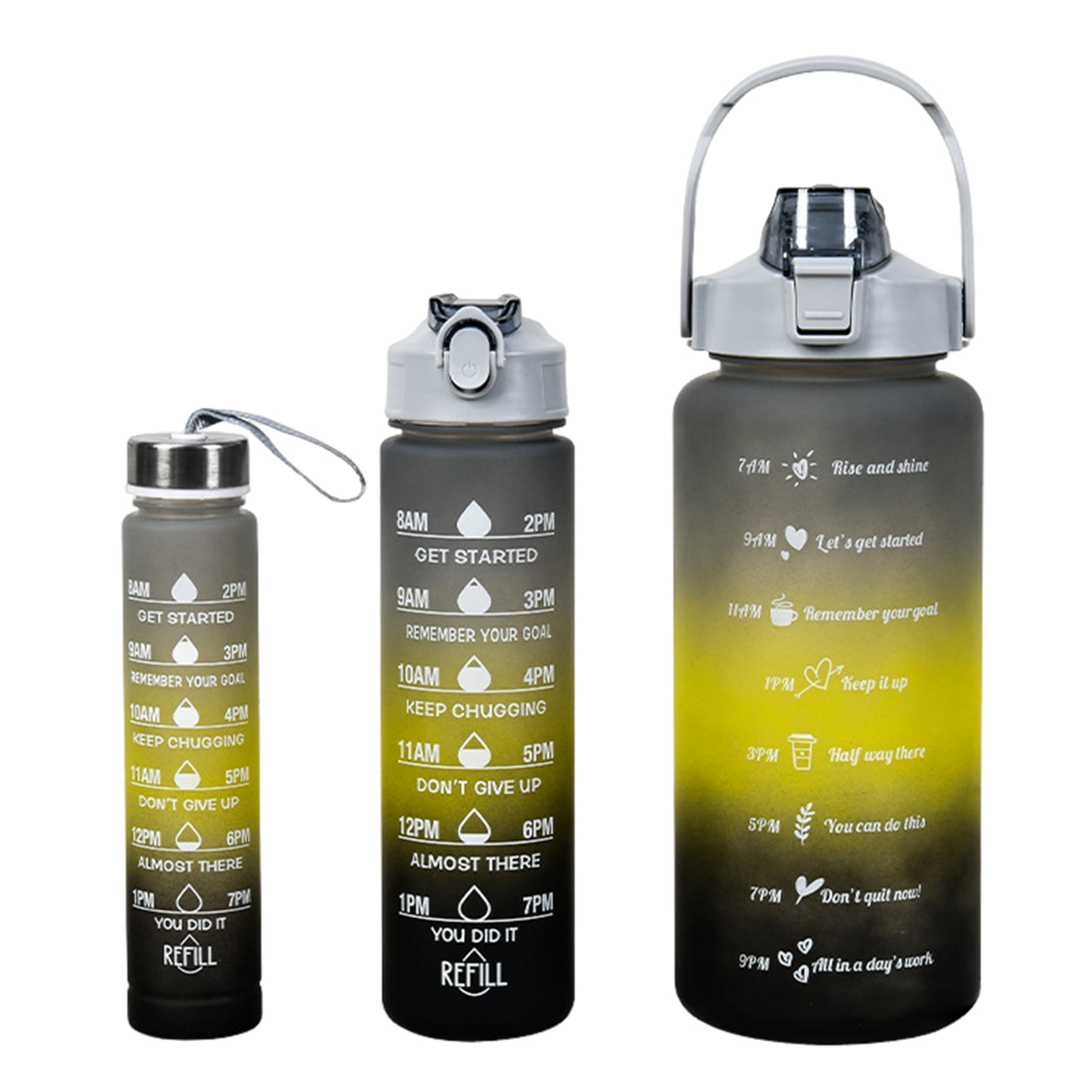 OIUR 3Pcs Silicone Straw Water Bottles Leakproof BPA Free Gradient Design 9/25/64oz Reusable Water Bottle with Time Markers for Gym Hiking