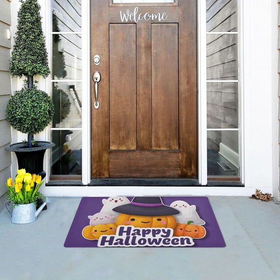 Purple Background Halloween Vector Pumpkin Specter Doormats Welcome Mats Gate Pads Entryway Outdoor 32" x 20"