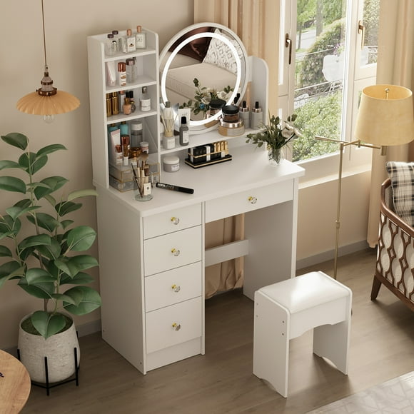OXYLIFE Makeup Vanity Desk Set with LED Lighted Mirror, Cushion Stool, 5 Drawers and Shelves, White