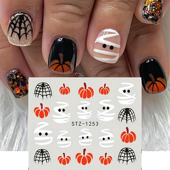 Halloween Nail Art Sticker Set - 6 Sheets Of Spooky Designs With Pumpkins, Bats, Ghosts & Spider Webs - Matte Finish, Easy Apply For Diy Manicures