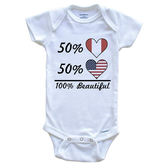 50% Peruvian 50% American 100% Beautiful Peru Flag Heart Baby Bodysuit, 0-3 Months White