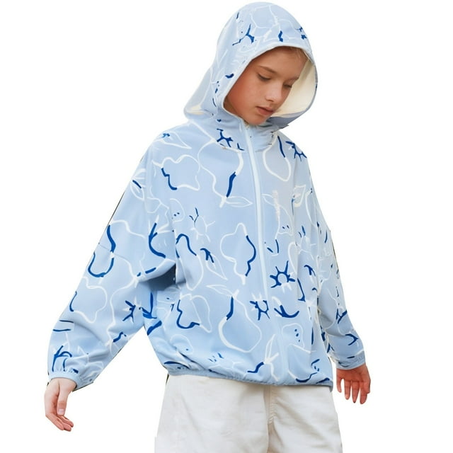 Kids Sun Protection Zip Hoodie Lightweight Long Sleeve Rash Guard with Hood Swim Cover Up Sky Blue 9 Years-10 Years