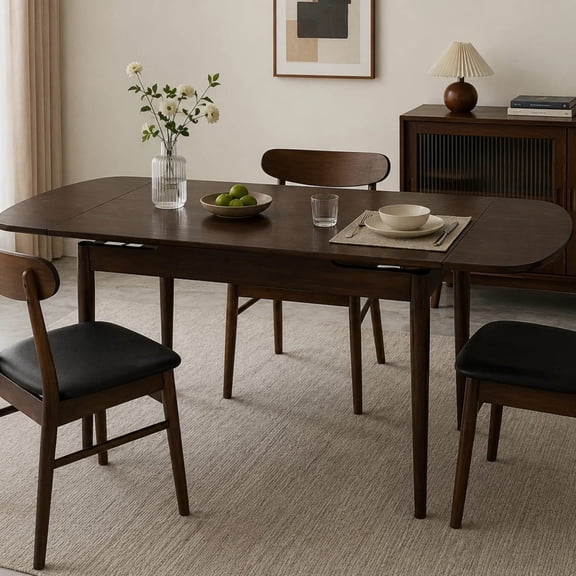 Solid Rubber Wood Extendable Dining Table for 4-8 People, 70.9" L Expandable Walnut Kitchen Table, Easy-Clean Solid Wood Dining Room Table with Rounded Edges, Seats 6-8