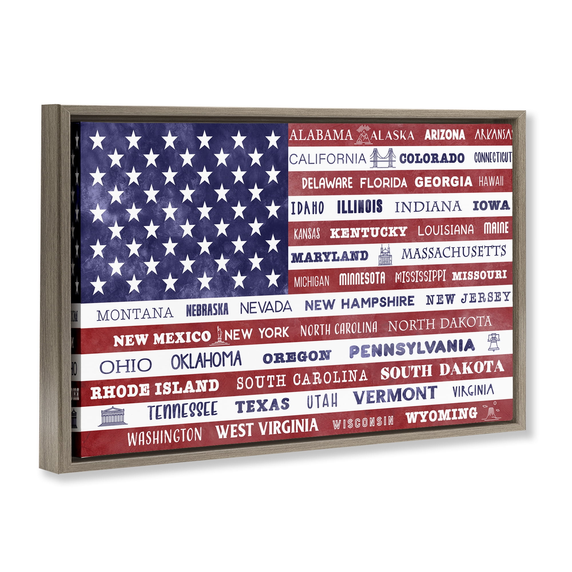 Stupell Industries States Of America Flag Brown Framed Floater Canvas Wall Art, design by Daniela Santiago