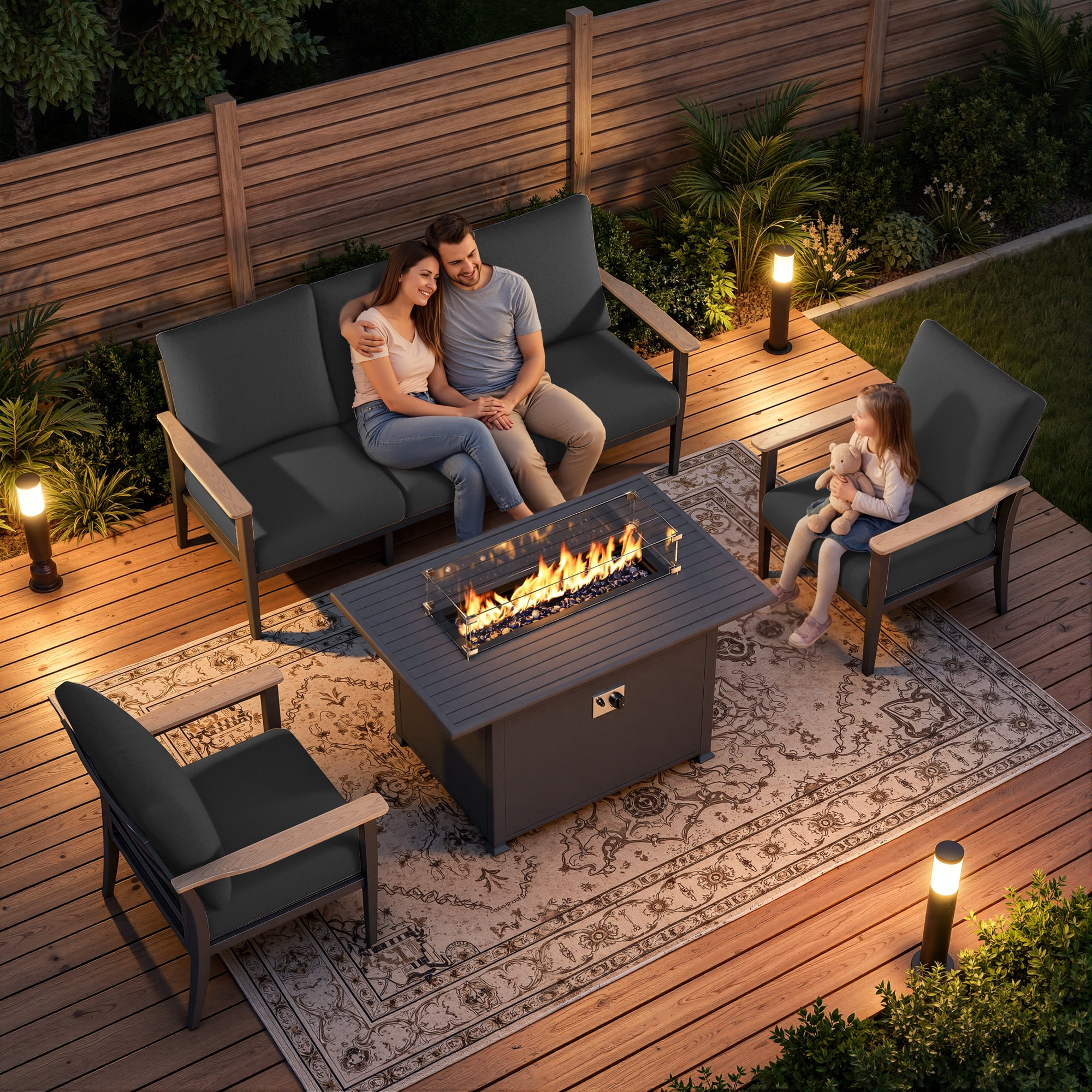 Muphyers 4 Piece Aluminum Patio Furniture Set, with 55000 BTU Propane Fire Pit Table, 5.1" Thick Cushions, Outdoor Conversation Sofa Set for Backyard Garden Deck,Black