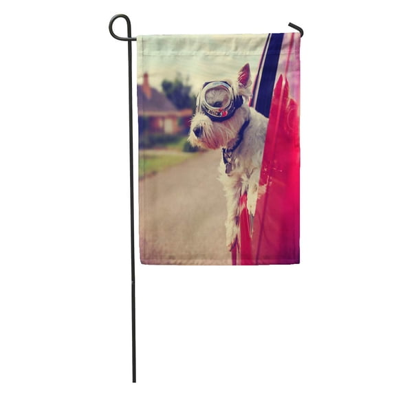 LADDKE Cute Westie West Highland Terrier Goggles on Riding in Car Down Urban Neighborhood Road Toned Retro Garden Flag Decorative Flag House Banner 12x18 inch