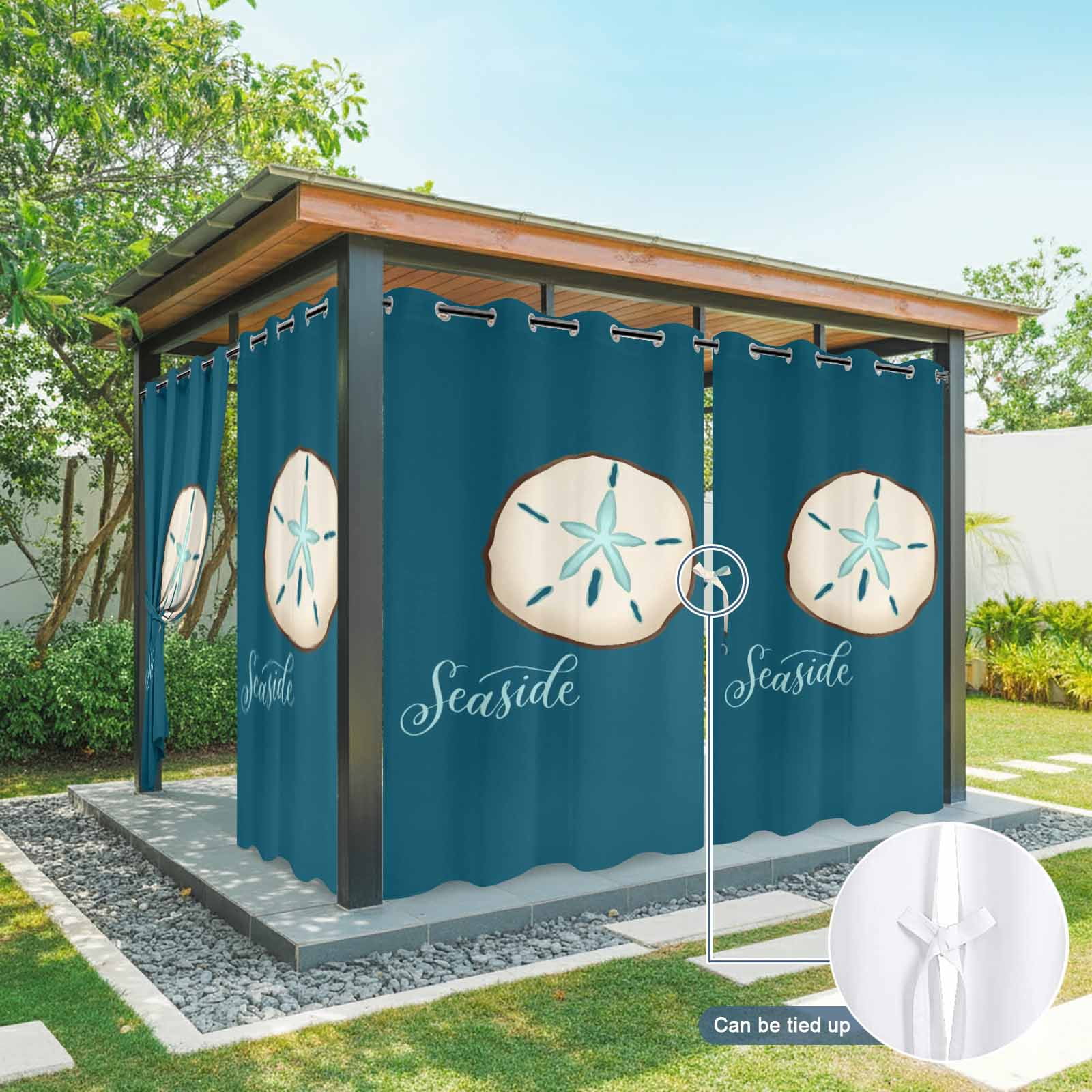 Seaside Shell Outdoor Curtains for Patio, Vintage White Shell Teal Green Texture Sunshade Privacy Drapes Grommet Waterproof Outside Curtains for Porch/Cabana/Balcony 54"x 108", 1 Panel