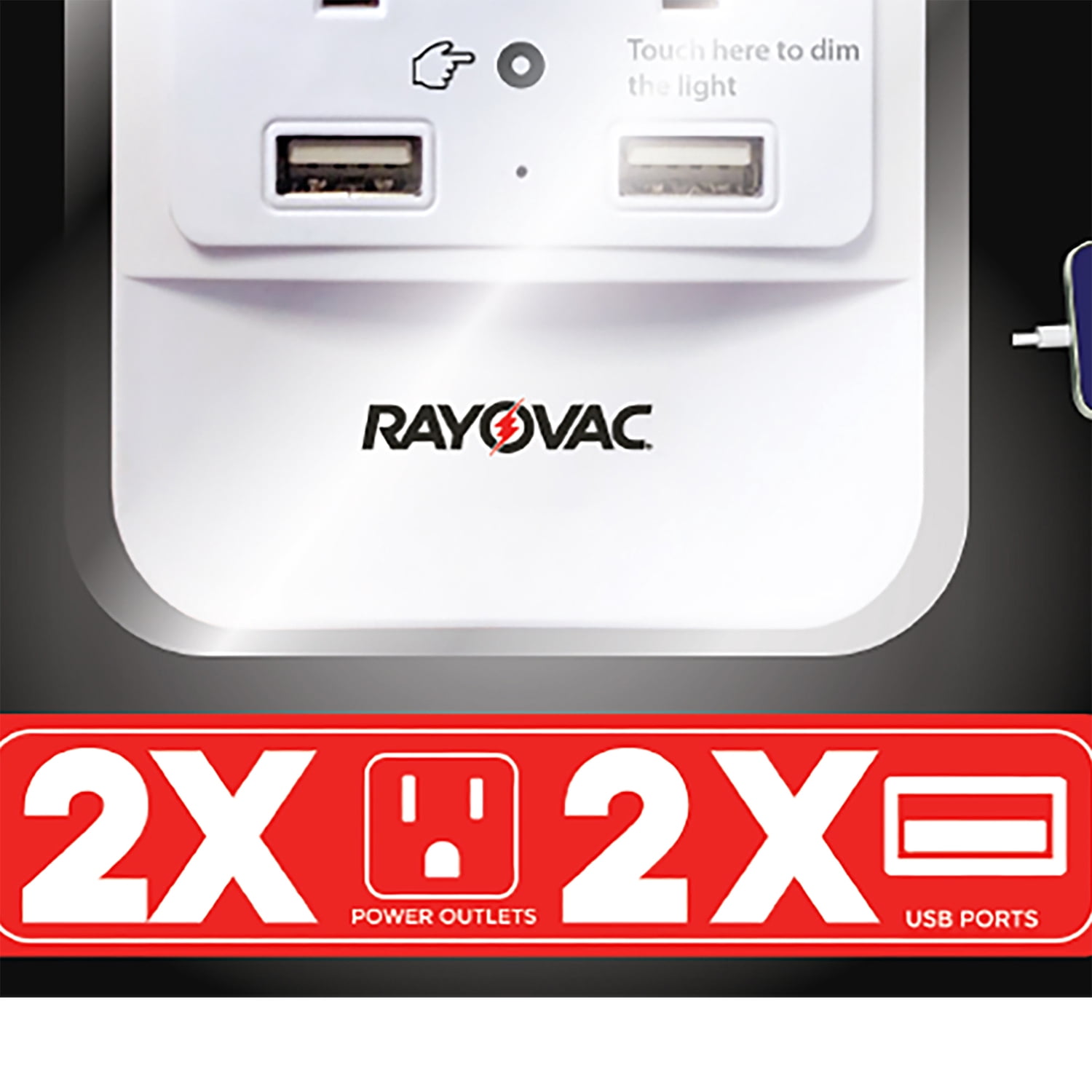 RAYOVAC Portable Surge Protector and Splitter Wall Tap with Phone Holder, 2 AC Outlets, 2 USB Ports, and Night-Light, SS-Q202