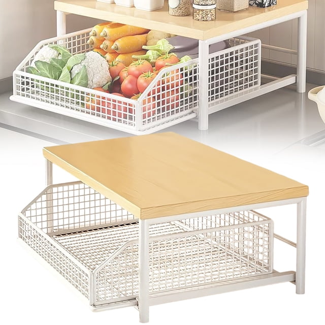 Storage Rack Shelf Kitchen Countertop Organizer with Drawer and Wire Basket 2 Tier Hardwood Shelf for Microwave Coffee Maker—Sliding Drawer for Storage Saving Kitchen Pantry Organizer Organizer Shelf