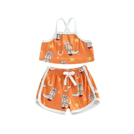 

Western Toddler Baby Girl Shorts Set Print Sleeveless Cami Tops + Shorts 2pcs Summer Outfits