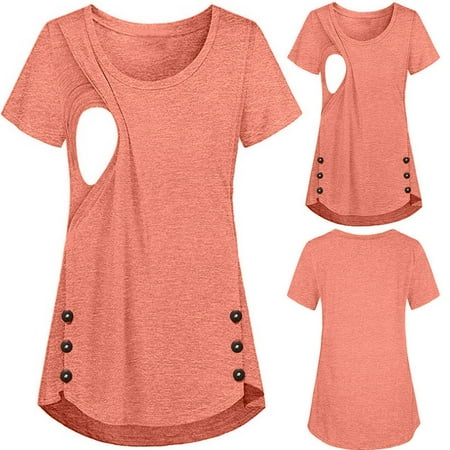 

Egmy Maternity O-Neck Solid Short Sleeve Breast-Feeding Pregnant Woman Nursing Blouse