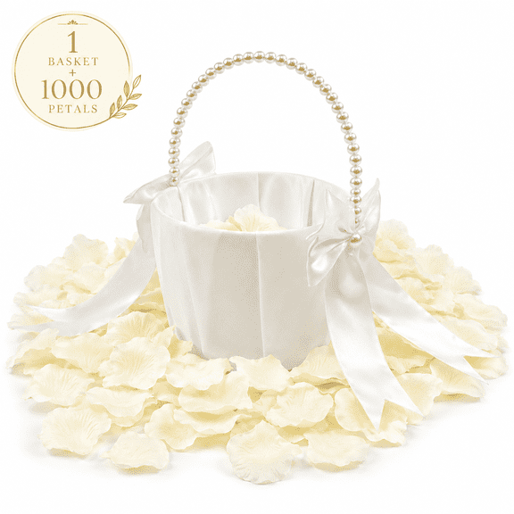 Flower Girl Baskets for Wedding - Flower Girl Basket With Pearl Handle And 1000 Pcs Silk Rose Petal for Wedding