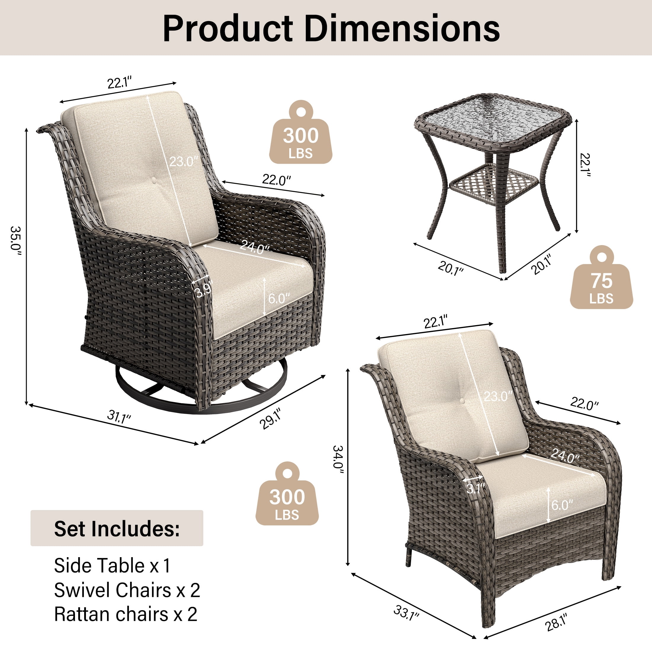 MeetLeisure 5 Piece Wicker Patio Furniture Set, 2 Swivel Rocker Chairs, 2 Rattan Armchairs, 1 Side Table, High Back, Deep Seating, Thick Cushions for Deck Porch, Beige