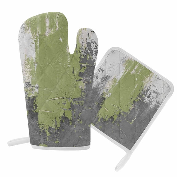 Oven Mitts and Pot Holder Set for Kitchen, Sage Green Grey Graffiti Kitchen Oven Gloves Heat Resistance Non-Slip Surface Potholders Abstract Art Oil Painting Hot Pads Sets for Cooking Baking BBQ