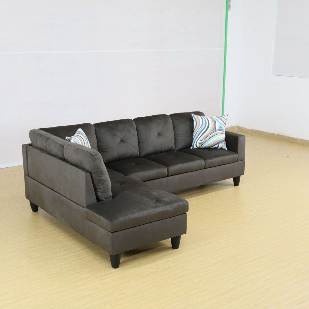 Hommoo Flannel Modern Sectional Sofa, Living Room Furniture Sets,L Shaped 4-Seat Couch Sofa Set for Home, Apartment, Dorm, Espresso(No Ottoman)