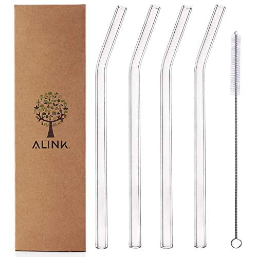 8.5 x 10mm Clear Reusable Smoothie Straws With 2 Cleaning Brush ALINK 12-Pack Glass Drinking Straws