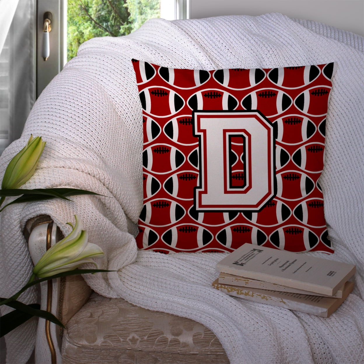 Letter D Football Cardinal and White Fabric Decorative Pillow