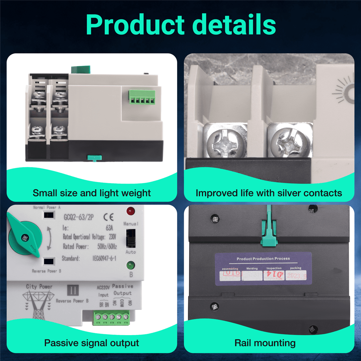 Photovoltaic Solar Power ATS Automatic Transfer Switch Din Rail 2P 63A AC220V ATS PV System Power to City Power,1 x Automatic Transfer Switch,White & Black