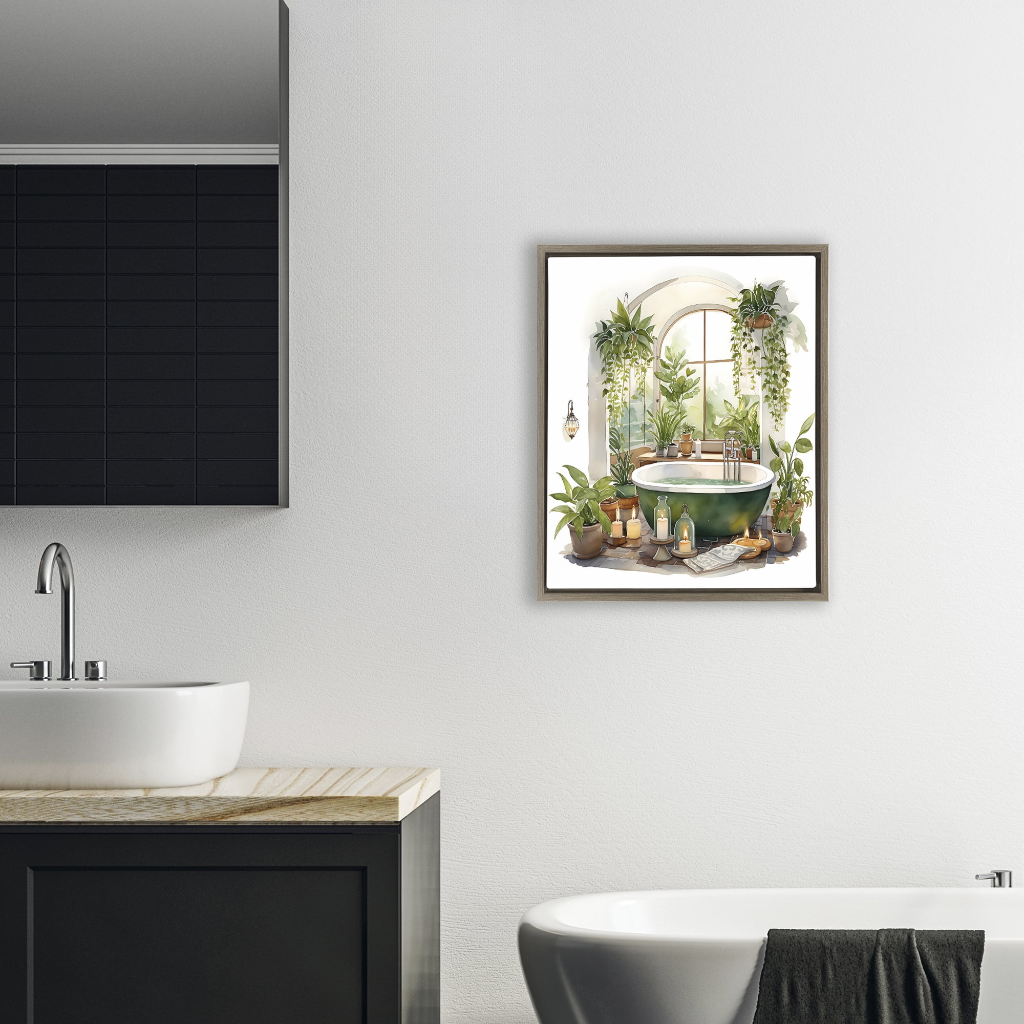 Tranquil Tub with Candles & Greenery Brown Framed Floater Canvas Wall Art, design by Lettered and Lined