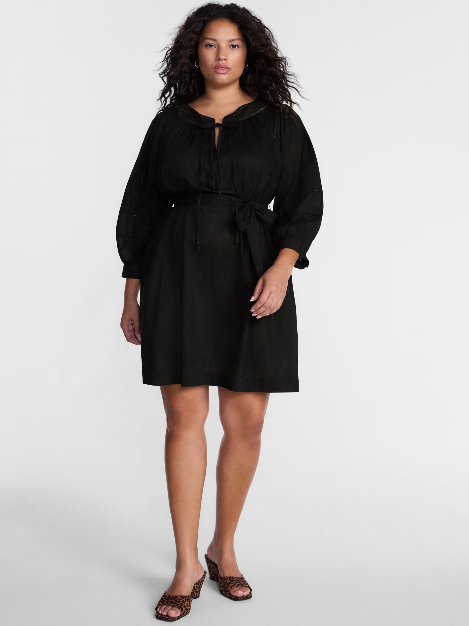 Terra & Sky Women's Plus Geo Eyelet Cotton Mini Dress with Long Sleeves, Sizes 0X-5X
