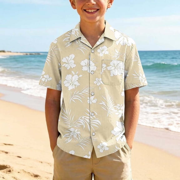 Cethrio Boys' Button Down Shirts Size 10-12, Printed Summer Beach Short Sleeve Boys Hawaiian Shirts Beige