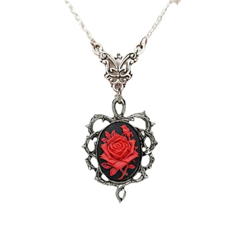 ★VINTAGE HOLLYWOOD★ Posy Rose Necklace_VH2435NE007M SIEYIO Metal Gothic Red Rose Cameo In Thorns Frame Pendant