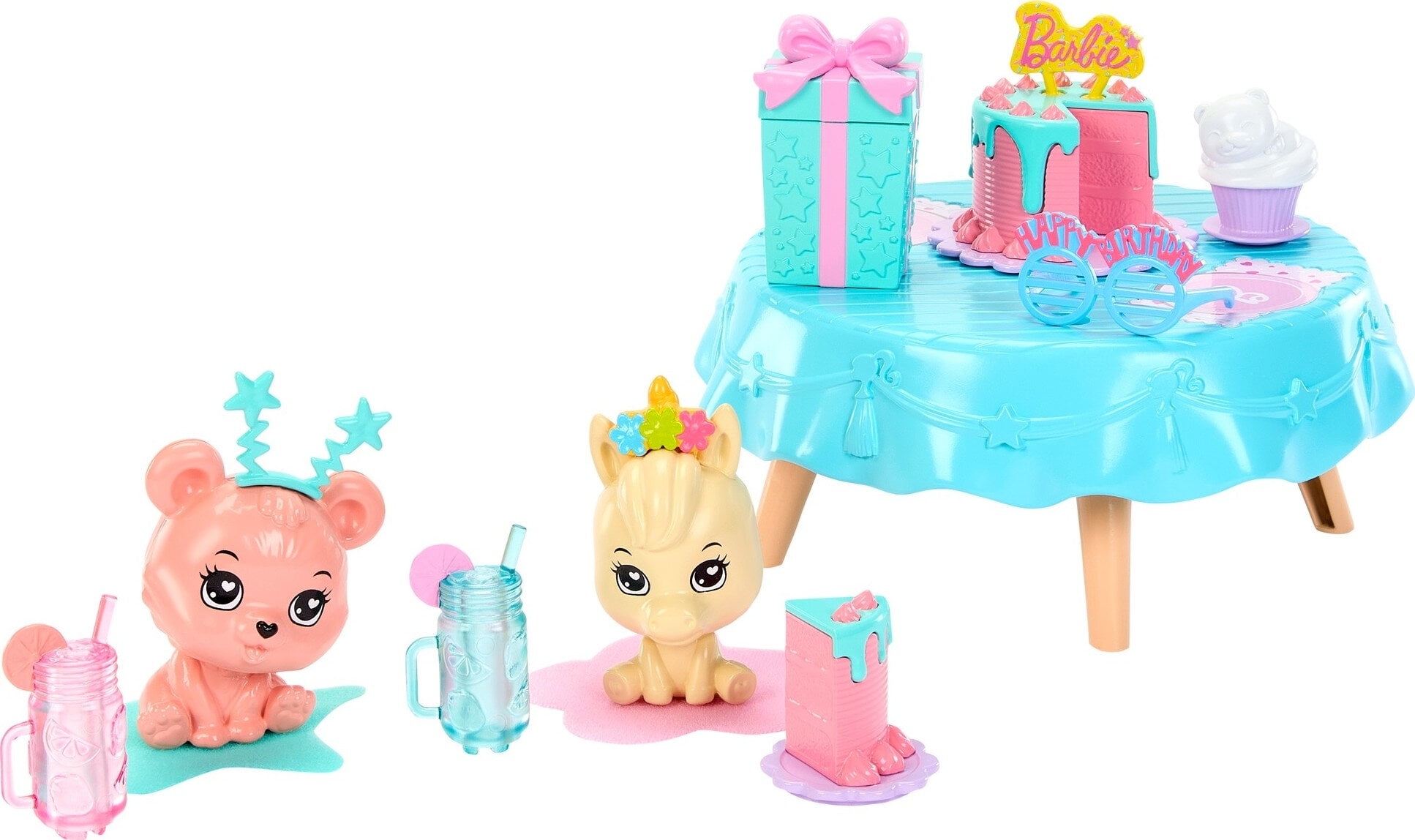 My First Barbie Birthday Accessories for Preschool Dolls, Accessory Pack with Pet Unicorn And Bear