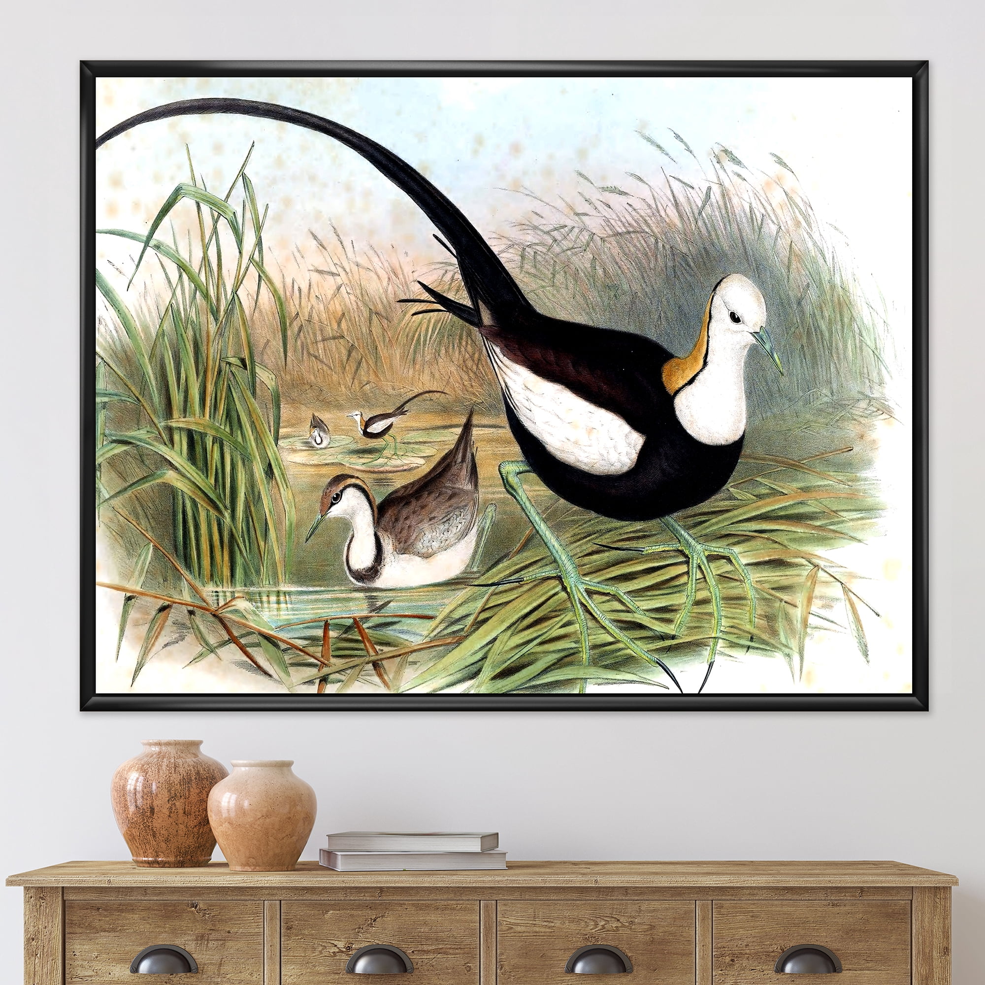 Designart 'Vintage Countryside Birds In Lake' Farmhouse Framed Canvas Wall Art Print