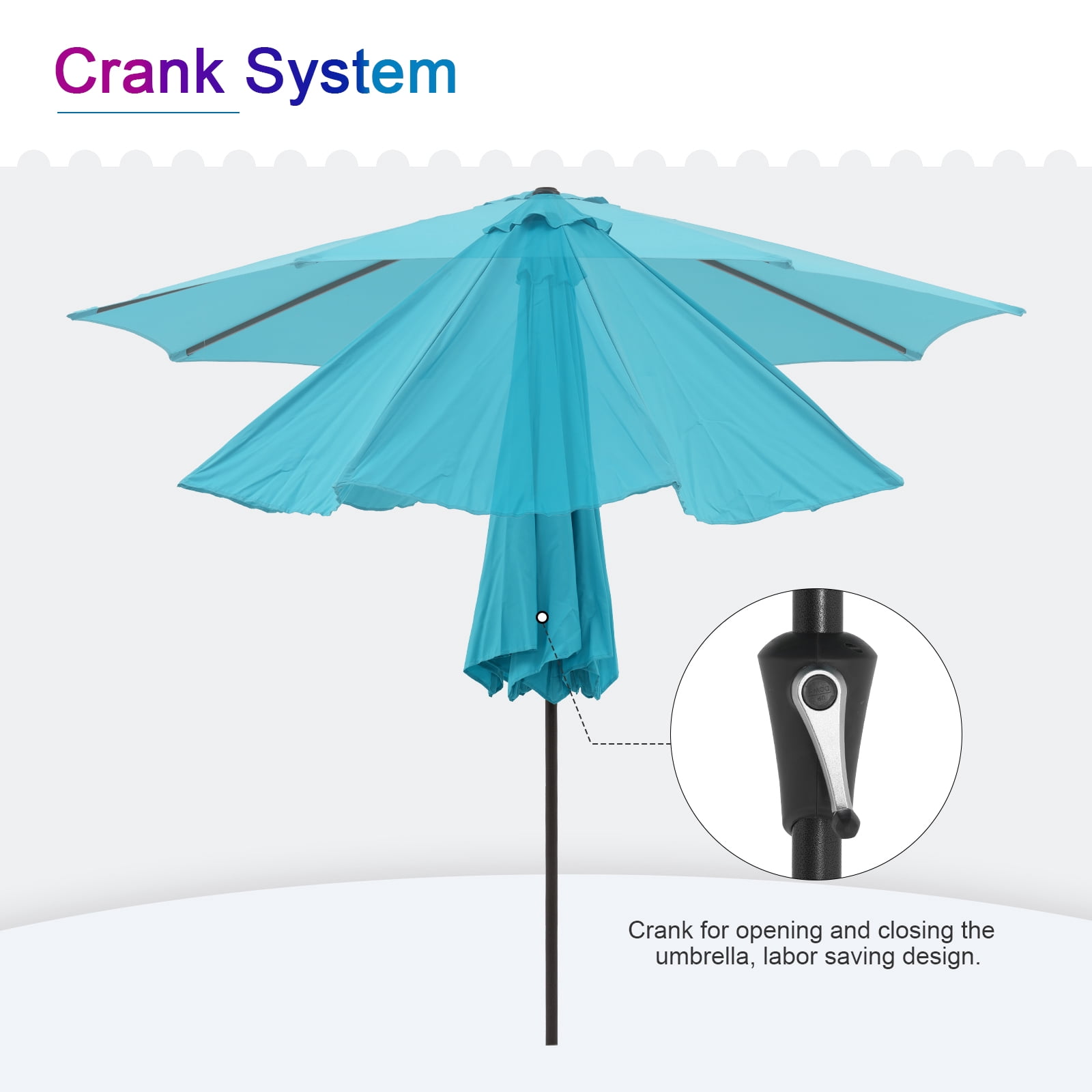 9ft Outdoor Patio Umbrella, with Push Button Tilt and Crank Sysytem, Sturdy Power Coated Frame, for Garden, Poolside, Deck and Backyard, Blue
