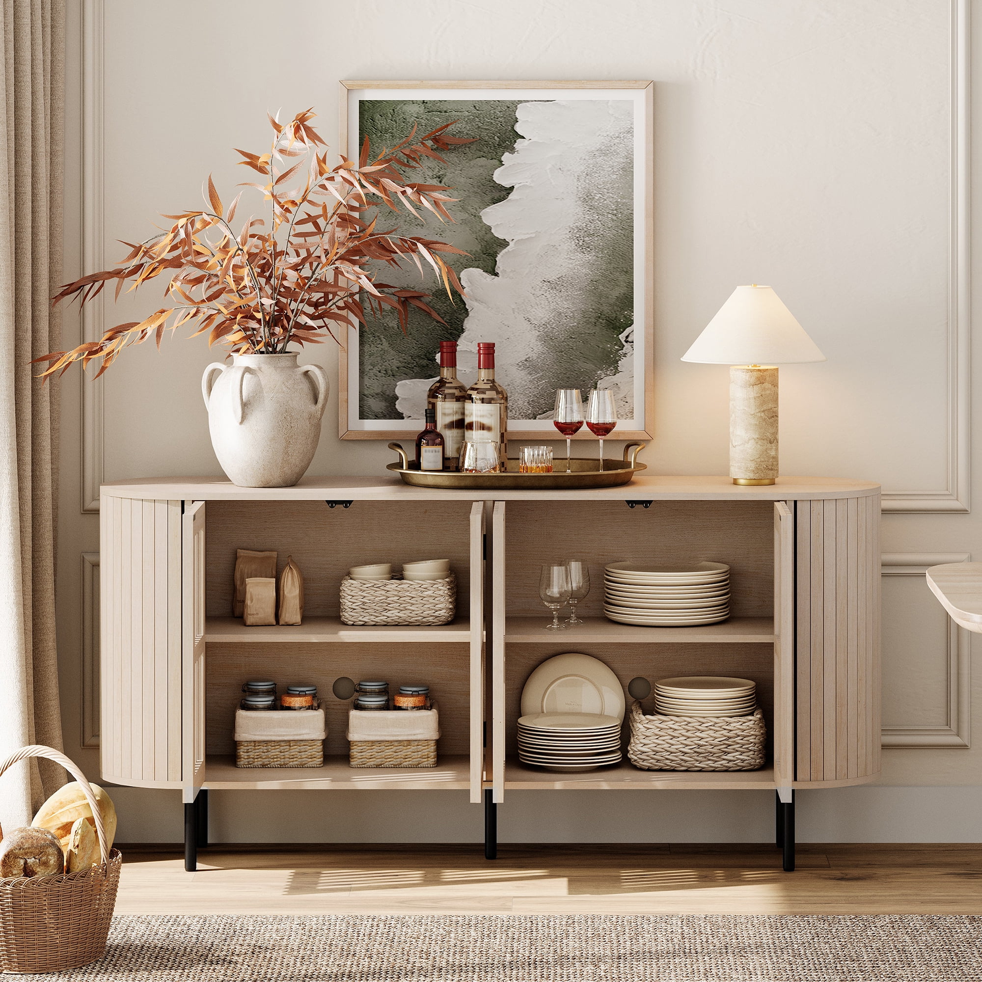 WAMPAT Modern Sideboard Buffet Cabinet with Storage, Wooden Accent Storage Cabinet with 4 Fluted Doors, Credenza with Curved Design for Dining Room, Living Room, Kitchen, Natural