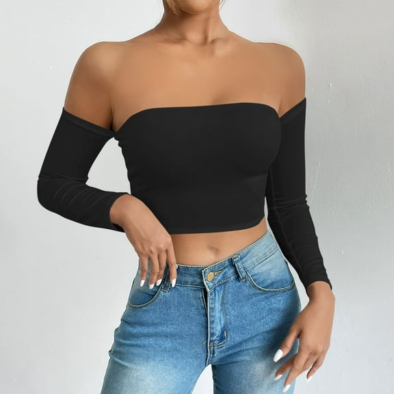 KIHOUT Women's Solid Color Off Shoulder Long Sleeve Crop Top Form-Fitting Casual Party Blouse for Summer Wear