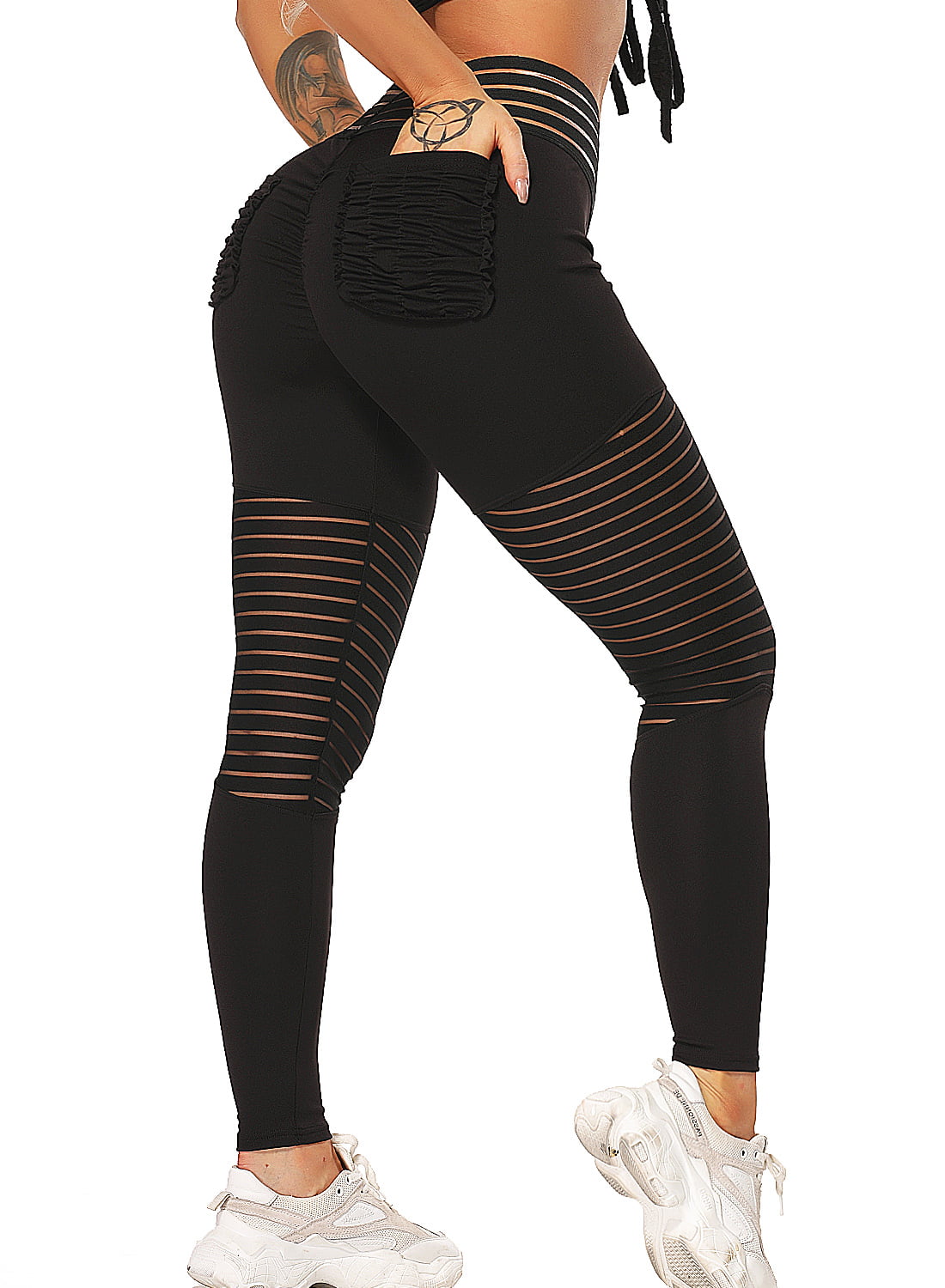 POTO Leggings for Women High Waisted,Womens Yoga Pants Butt Lift Tummy Control Tights Striped Mesh Workout Sweatpants 