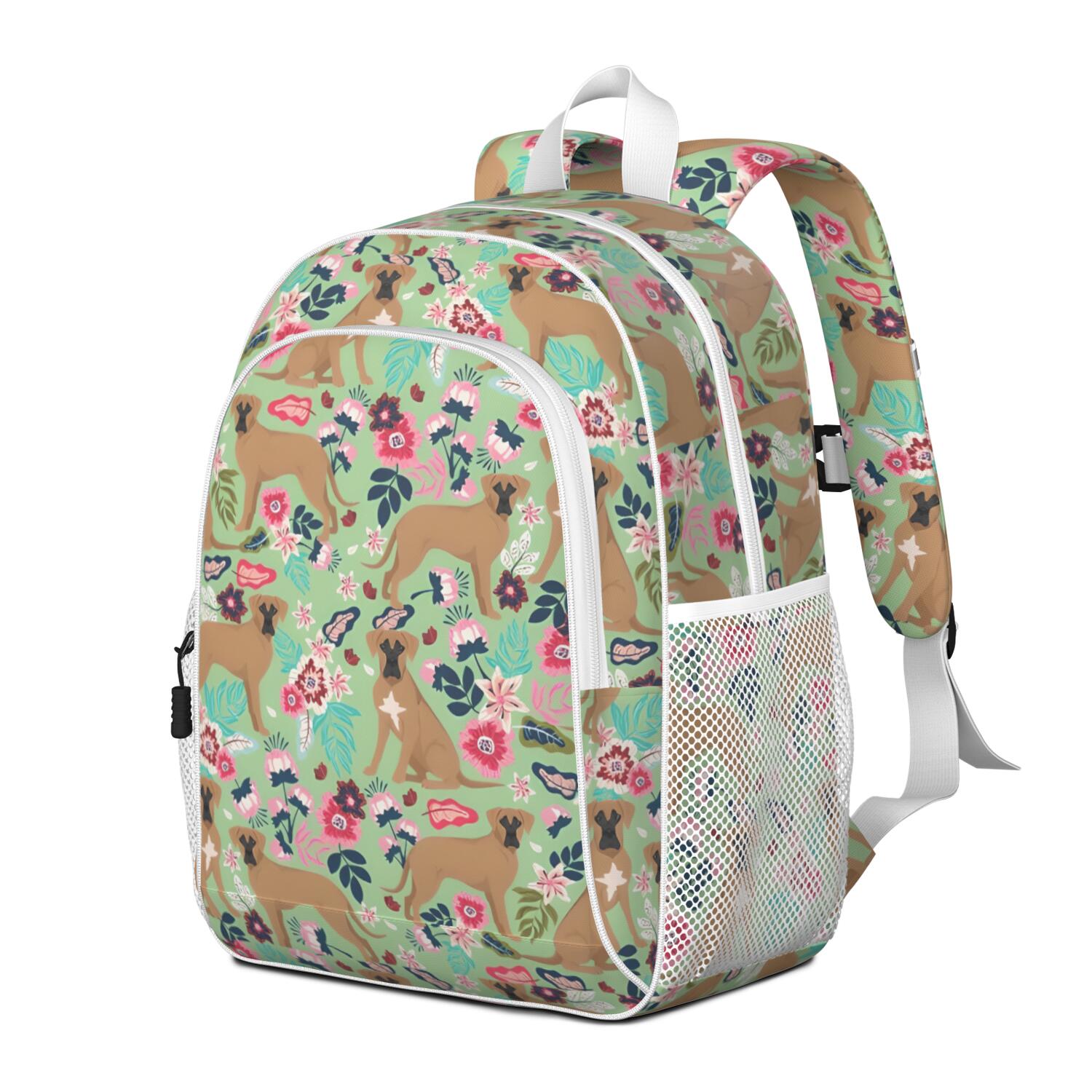Boxer Dog and Flower Florals Backpack for School,Cute School Bag,Schoolbag with Adjustable Shoulder Straps & Padded Back,15"x11.42"x5.5"
