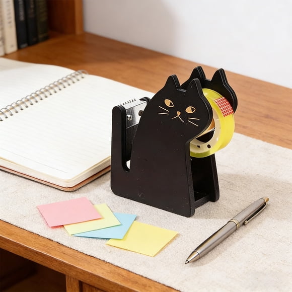 Desk Tape Dispenser, Pet Shaped Wooden Cutter Organizer, Compact Portable Office Home Storage Rack for Adhesive Packaging Paper Tapes, Black