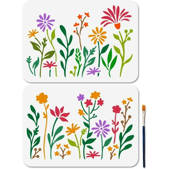 2 Pcs Wildflower Leaves Stencils for Painting Flower Stencil 11.7×8.3inch Reusable Flower Garden Stencil Crafts Templates with Paint Brush for DIY Craft on Wood Wall Home Decor