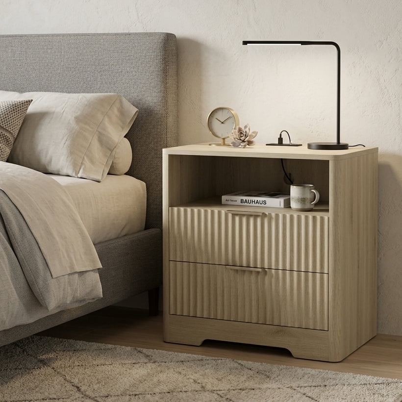 Aukfa Smart 2 Drawer Nightstand with Voice Control & Charging Station,7-Color LED Bedside Table for Bedroom,Natural