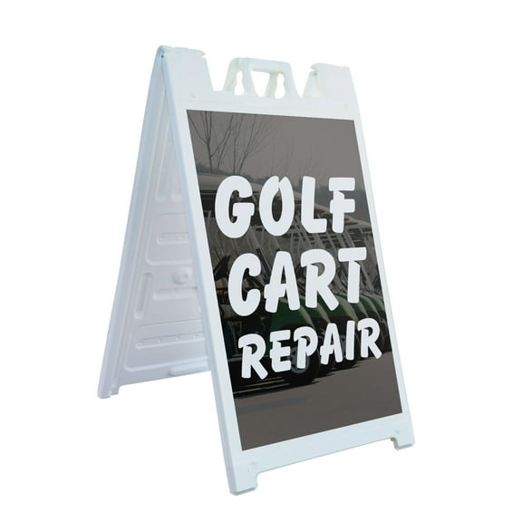 Golf Cart Repair 24" x 36" Double Sided A-Frame Sidewalk Sign Includes 2 Installed Decals Foldable Portable White Signicade Sandwich Board Maintenance Services Expert Repairs Reliable